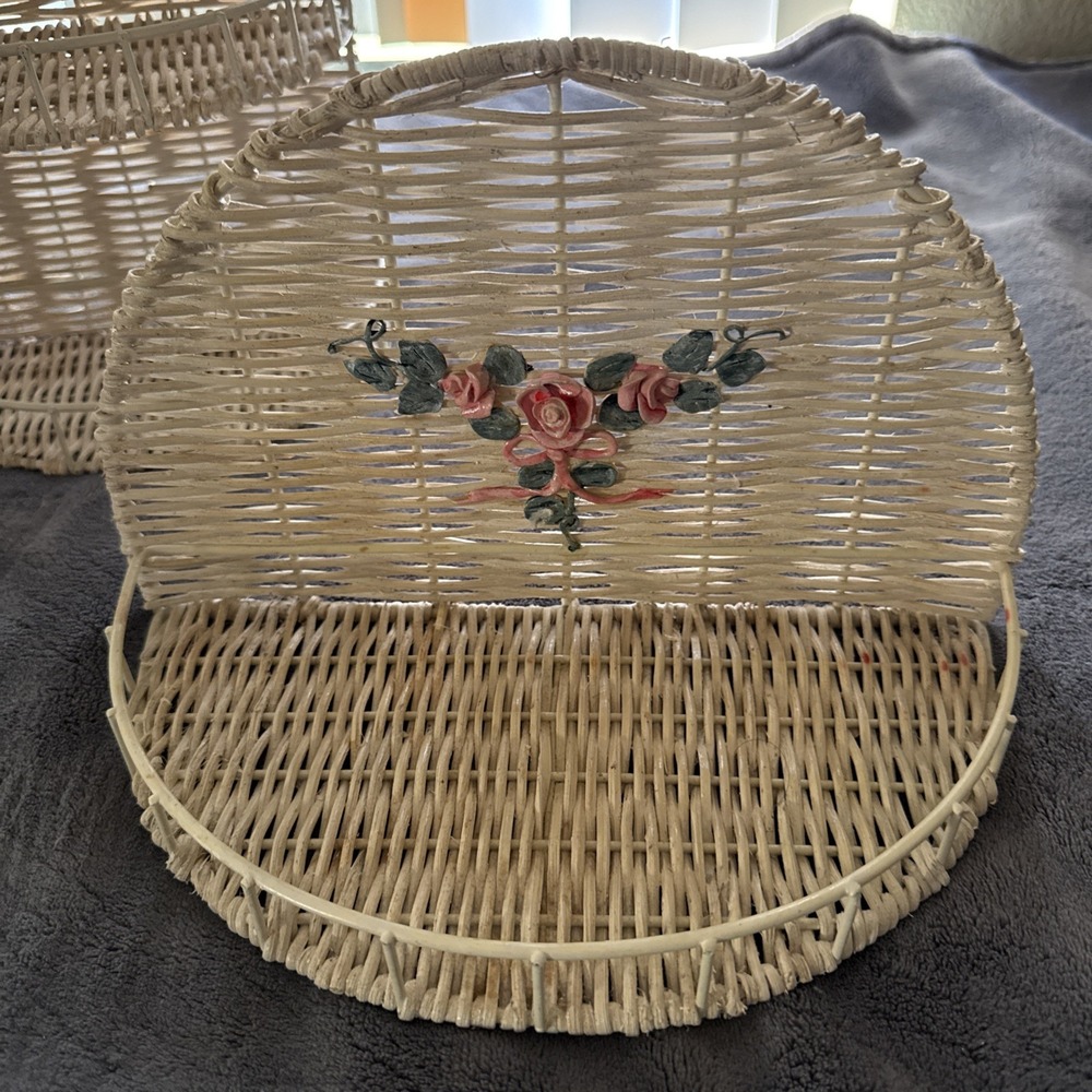 White Flower Cottage Core Rattan Wicker 3 Tier Wall Shelf And Single - Picture 2 of 4